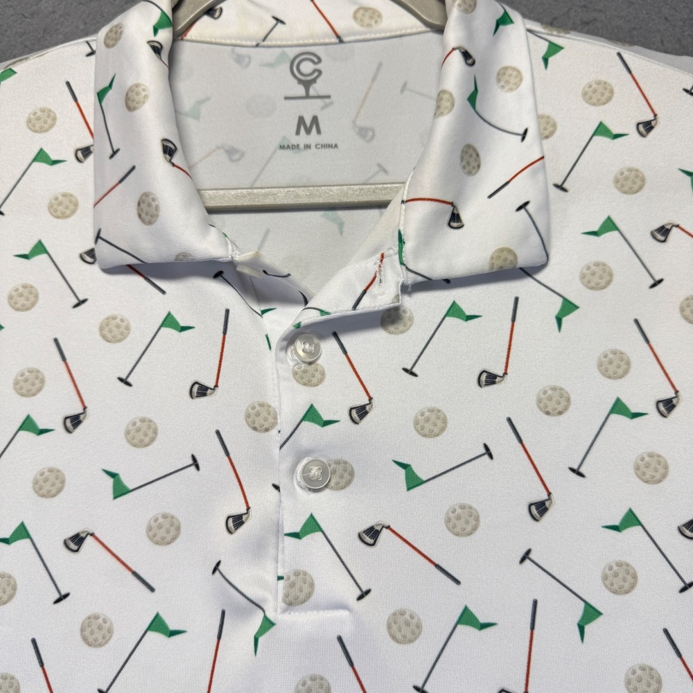 Caddy Cart Mens Golf Polo Shirt All Over Print Golf Clubs Ball Flags Size Medium - Picture 2 of 8